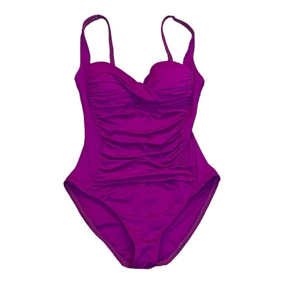 La Blanca Purple Island Goddess Twist Shirred One Piece Swimsuit - Size 4 - Picture 3 of 7